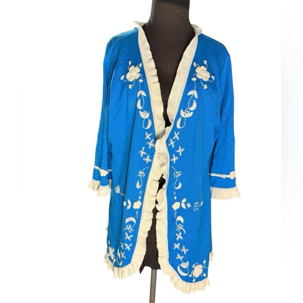 Blue Embroidered Ruffle-Trim Sweater Cardigan - Picture 3 of 6